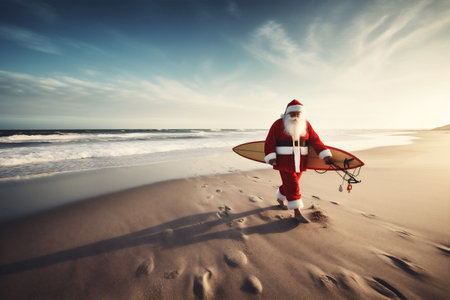 claus santa vacation christmas holiday water summer surfing sea beach. Generative AI.の素材