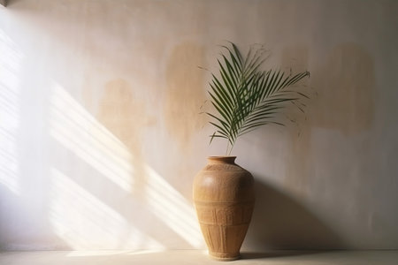 palm interior sunlight shadows concrete vase tree home palm design decor wall. Generative AI.の素材