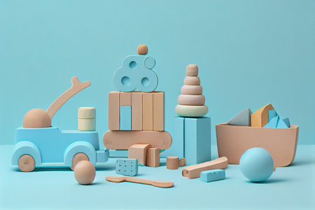 Baby wooden toys for preschool childs play in pastel colors, flat styling, delicate blue pink colored developmental items. Generative AIの素材