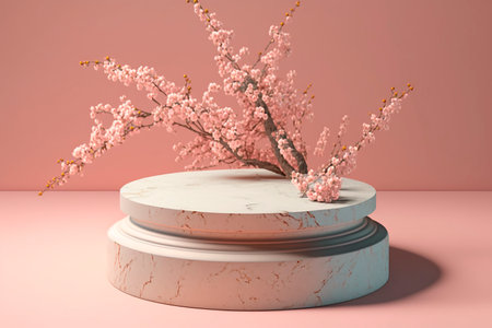 Stone marble catwalk, cosmetics stand with green leaves lush cherry blossom branches on a light pink background, modern layout, copy space. Generative AI.の素材