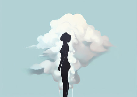 woman dramatic man leaking cloud black idea concept dream fantasy poster creative. Generative AI.の素材