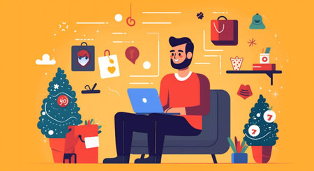 family christmas laptop house home character communication holiday santa happy. Generative AI.の素材