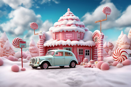 candy snow winter christmas gift festive merry holiday retro car. Generative AI.の素材