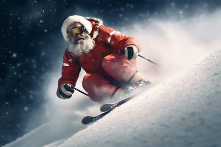 winter holiday mountain santa snowboarder snow sport ski skier christmas. Generative AI.の素材