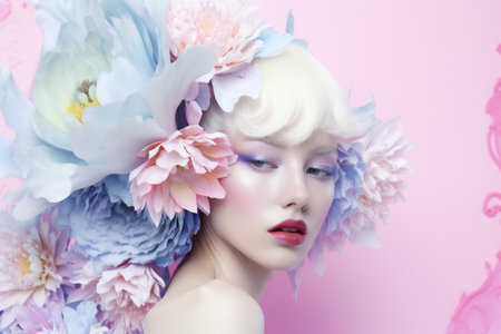 woman peony beauty fashion pink art spring flower bouquet portrait summer. Generative AI.の素材