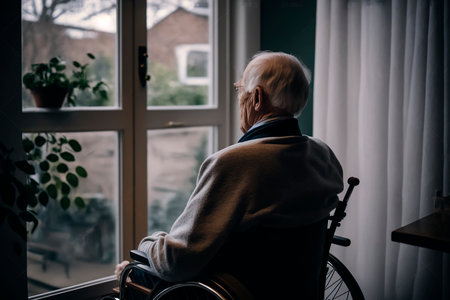 An elderly man sits in a wheelchair in a nursing home and looks out the window at nature, breathes fresh air, loneliness. Generative AI.の素材