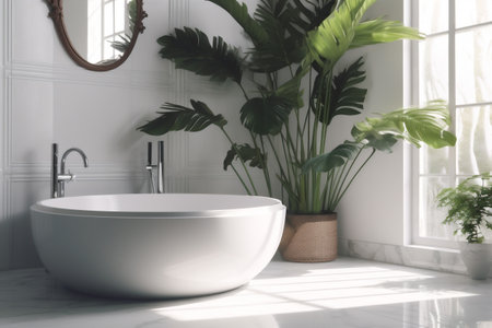 leaf clean green interior bathroom tropical home white sink design spa. Generative AI.の素材