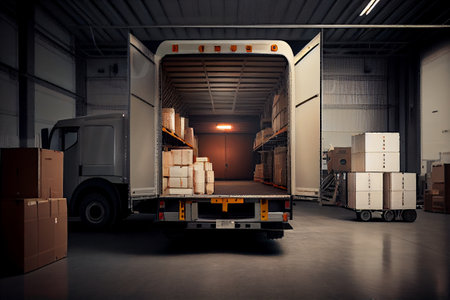 Truck for transportation stands in a warehouse with boxes and shelves, loading goods and delivering. Generative AIの素材