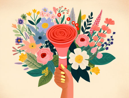 Loud communication announce megaphone message hand flowersの素材