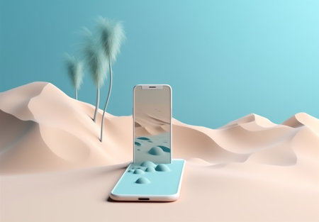 phone palm cyber holiday summer mock sand creative concept sea up. Generative AI.の素材