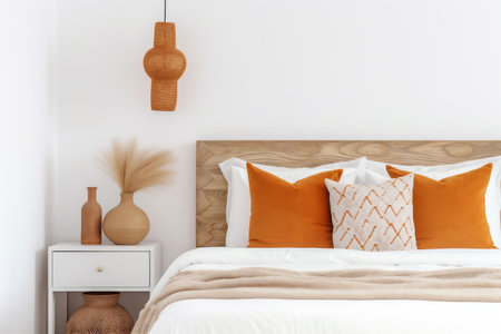 modern interior orange pillow bed fall lamp design frame decor home. Generative AI.の素材