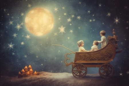 holiday child snow christmas winter year magic night moon claus. Generative AI.の素材