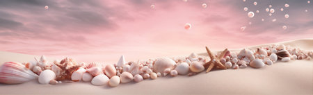 beach shell ocean holiday nature tropical banner sand sea summer. Generative AI.の素材