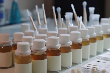 laboratory cream medicine beauty product research chemistry care bottle cosmetic. Generative AI.の素材