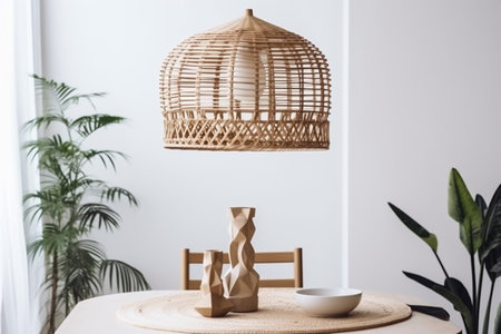 room style dining beige kitchen decor furniture table rattan lamp. Generative AI.の素材