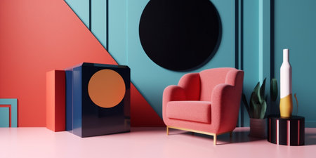 room design space art colourful interior geometric memphis sofa home armchair. Generative AI.の素材