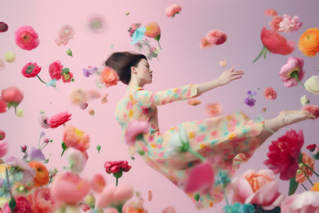 spring woman falling peony beauty flying fashion art colorful flower make-up. Generative AI.の素材