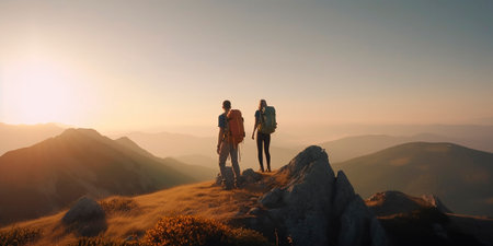 A pair of man and woman friends standing on top of a mountain together on a hike with backpacks in the sunset sunlight, a view of the beautiful scenery from above, a family hike. Generative AI.の素材