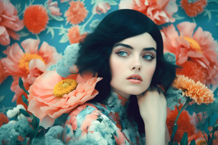bouquet woman flower art summer fashion peony portrait person beauty spring. Generative AI.の素材