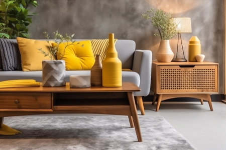 stylish decor modern pillow home yellow interior house sofa grey cushion. Generative AI.の素材