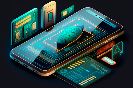 Online banking, login, protection, Smart Wallet concept with credit and debit card payment application. Gadget of the future, smartphone payment technology. security, cyberspace. Generative AI.の素材