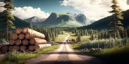 Fallen logs of trees from the forest lie on the road, transportation to the sawmill, green nature, fresh wood for construction, a path into the woods. Generative AIの素材