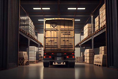 Truck for transportation stands in a warehouse with boxes and shelves, loading goods. Generative AIの素材