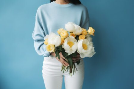 woman yellow pink bouquet romantic white floral hand flower sweater blue. Generative AI.の素材