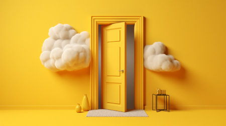 stage showcase pedestal abstract minimal cloud cylinder door yellow room. Generative AI.の素材