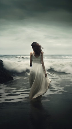 woman summer nature sky ocean sea outdoors dress beach cloud storm. Generative AI.の素材