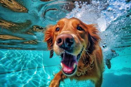 dog pool fun puppy vacation underwater swimming snorkeling funny water. Generative AI.の素材