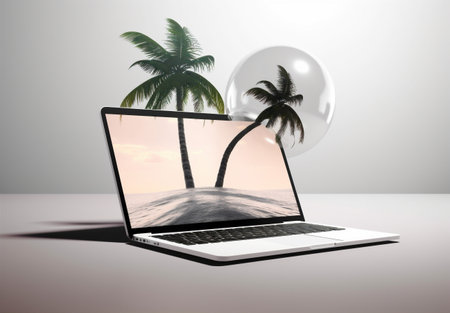 tree travel vacation tropical computer beach laptop summer palm concept. Generative AI.の素材