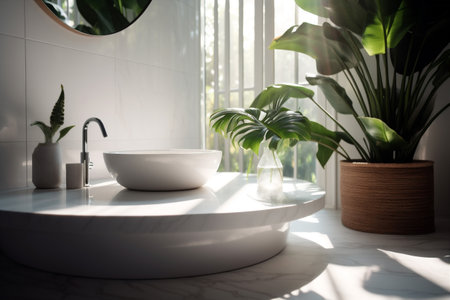 bathroom interior home leaf sink plant design green tropical clean white. Generative AI.の素材