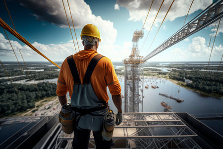 Man builder in helmet and work clothes builds a multi-story building view from the back and looks city, the safety of work insurance, industry. Generative AI.の素材
