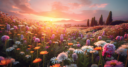 blooming meadow pink sunset beautiful violet background flower nature sky field. Generative AI.