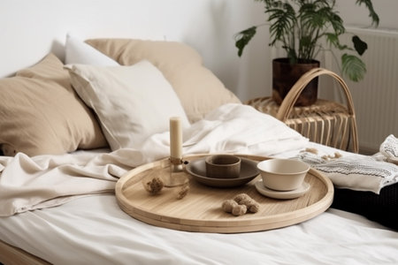 modern home interior design table bed furniture tray loft palm rattan. Generative AI.の素材