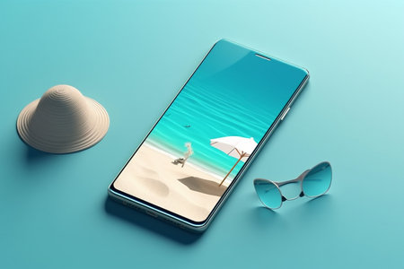creative sand phone holiday up palm concept summer cyber sea mock. Generative AI.の素材