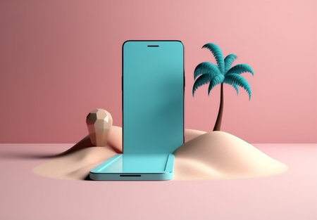 sand creative sea palm mock cyber concept holiday up phone summer. Generative AI.の素材