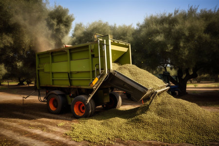 process production factory agriculture organic oil food machinery olive green. Generative AI.の素材
