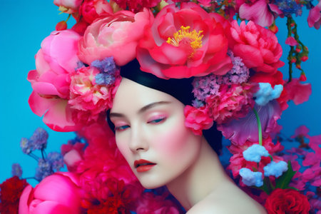 summer woman flower portrait spring art face fashion beauty peony bouquet. Generative AI.の素材