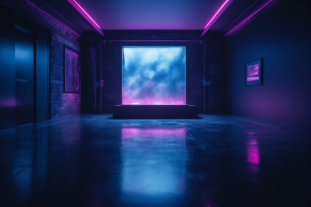 neon abstract space background smoke light fog room blue pink rays. Generative AI.の素材
