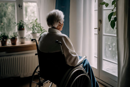 An elderly woman sits in a wheelchair in a nursing home and looks out the window at nature, breathes fresh air, loneliness. Generative AI.の素材