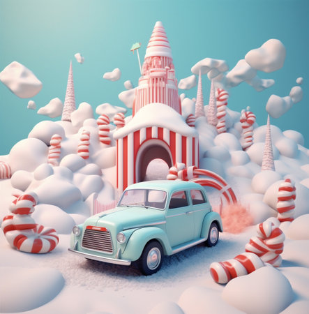 christmas festive winter candy gift retro holiday snow car merry. Generative AI.の素材