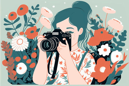 The concept of a professional photographer and equipment. A young smiling female photographer cartoon character in casual clothes stands with a camera, taking a shot flowers. Generative AI.の素材