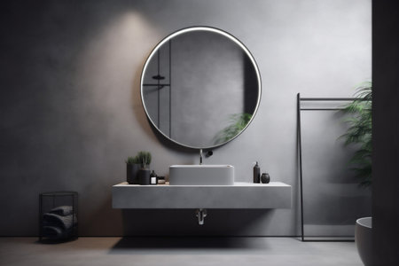 bathroom gray design faucet interior home sink luxury mirror room concrete. Generative AI.の素材