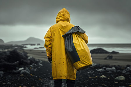 Man in eco-activist cape picks up trash on oceanfront, plastic problem on the planet, concern for cleanliness and the environment, climate change. Generative AI.の素材