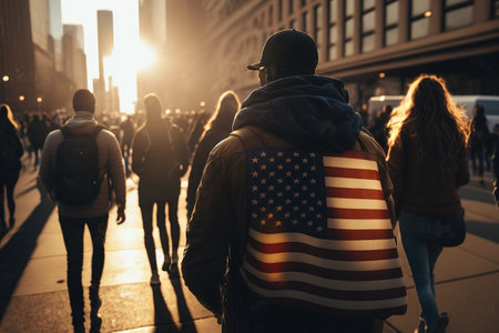 Crowd of people with American flag back view, rally and protest on city street, freedom and independence, usa flag and independence day, elections, constitution. Generative AI.の素材