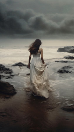 woman ocean storm nature summer dress cloud beach sky freedom sea. Generative AI.の素材