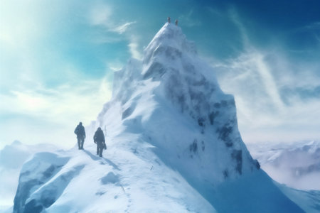 snow landscape group nature adventure sport winter mountain hiking blizzard. Generative AI.の素材