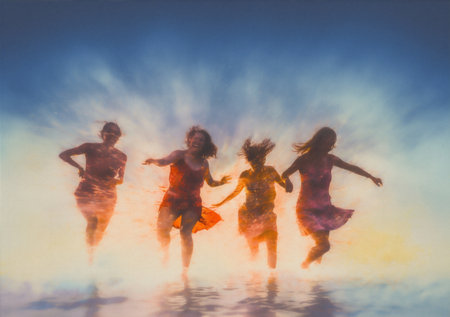 group woman man happiness celebrate vacation youth friend fun ocean jump sunset. Generative AI.の素材